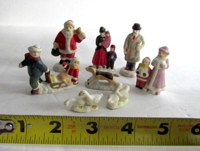 Lot of Older Bisque Christmas Village Figures and Pond