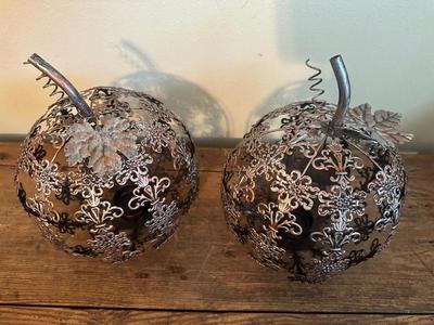 Pair of Metal Pumpkin Candle Holder Decor