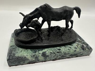 Signed Mene - Bronze & Marble Mare & Foal Sculpture