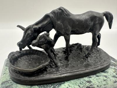 Signed Mene - Bronze & Marble Mare & Foal Sculpture