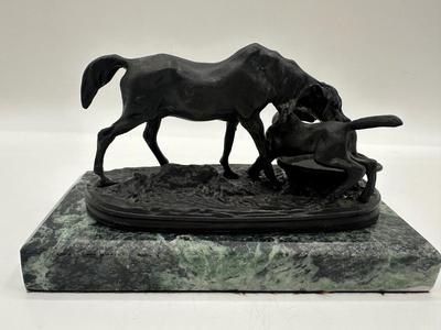 Signed Mene - Bronze & Marble Mare & Foal Sculpture