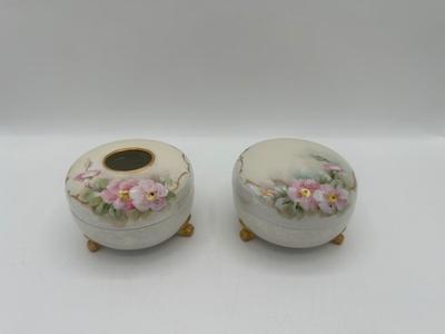 Signed Antique Japanese Hand Painted Hair Receiver Powder Jar Set
