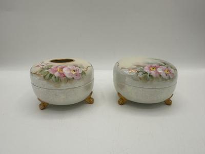 Signed Antique Japanese Hand Painted Hair Receiver Powder Jar Set