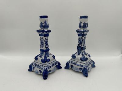 Blue and White Delft Style Candlestick Holders
