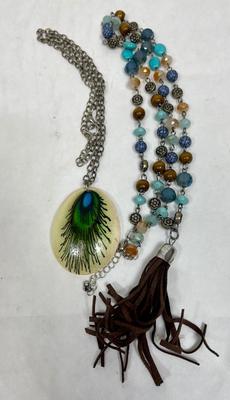 Fashion jewelry - 2 Necklaces - Peacock pendant , suede tassle