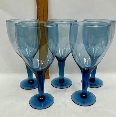 Blue Glass Stemware Set of 5 Water Goblets