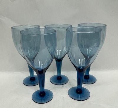 Blue Glass Stemware Set of 5 Water Goblets