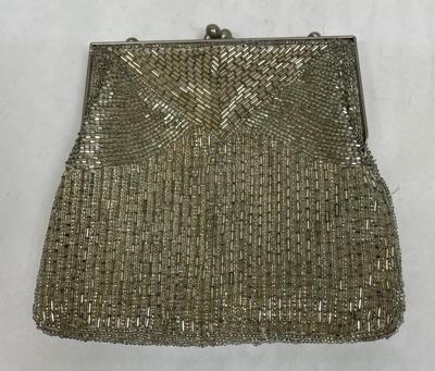 Vintage La Regale Silvertone Beaded Clutch with Shoulder Strap