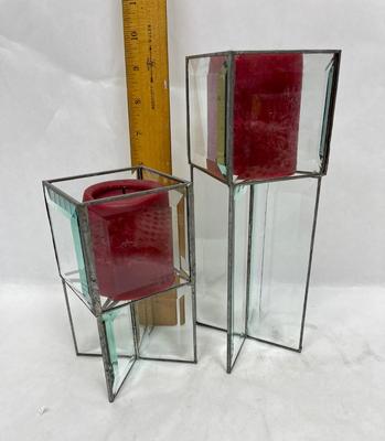 Vintage Leaded Beveled Glass Square Votive Candle Holders Mid-Century