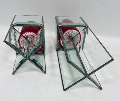 Vintage Leaded Beveled Glass Square Votive Candle Holders Mid-Century