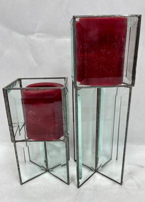Vintage Leaded Beveled Glass Square Votive Candle Holders Mid-Century