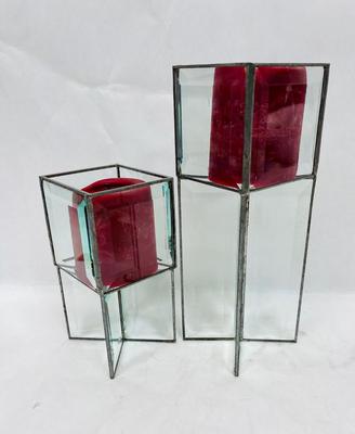 Vintage Leaded Beveled Glass Square Votive Candle Holders Mid-Century