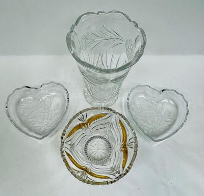 4pc Crystal Lot - Vase, Candy Dish, Heart Shaped dishes