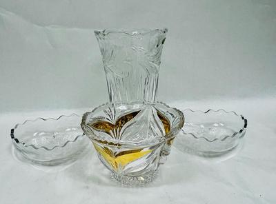 4pc Crystal Lot - Vase, Candy Dish, Heart Shaped dishes