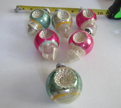 Six Old USA Glass Indent Christmas Ornaments