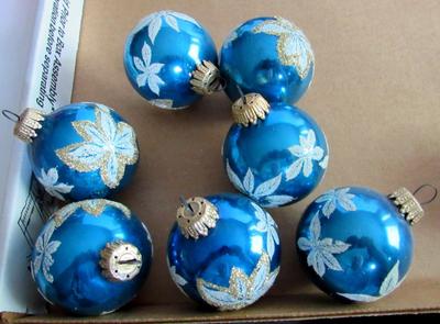 Lot of Pretty Blue and White Glitter Christmas Ball Ornaments, West Germany