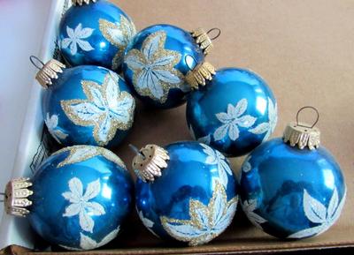 Lot of Pretty Blue and White Glitter Christmas Ball Ornaments, West Germany