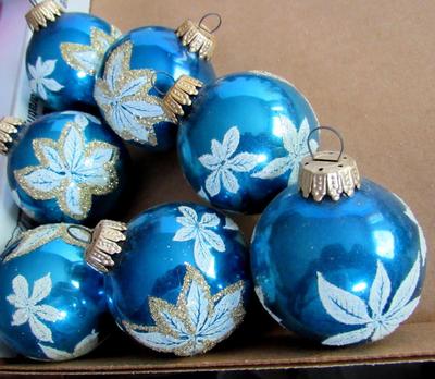 Lot of Pretty Blue and White Glitter Christmas Ball Ornaments, West Germany