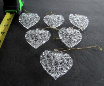 Six Older Blown Glass Heart Christmas Ornaments