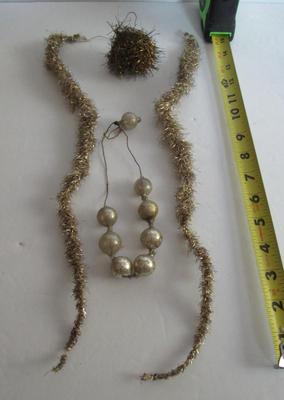 Antique Tinsel Icicle and Snowball Ornaments and glass Garland Beads