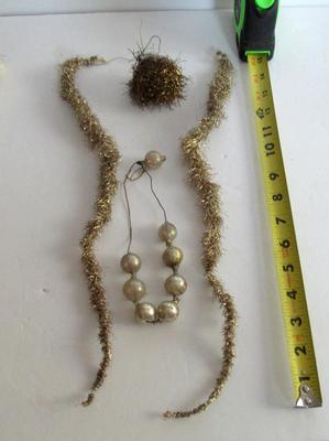 Antique Tinsel Icicle and Snowball Ornaments and glass Garland Beads