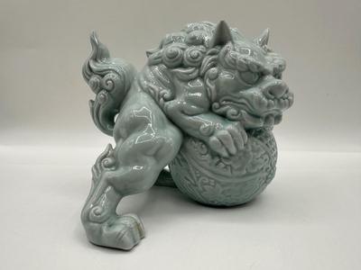Celadon Foo Dog Figurine, Andrea by Sadek, Chinese Guardian Lion