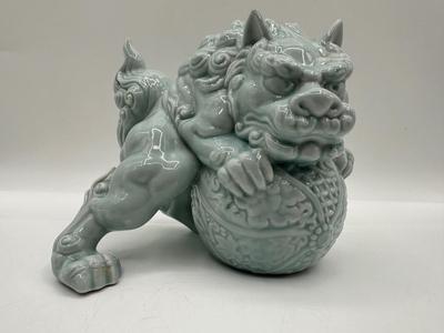 Celadon Foo Dog Figurine, Andrea by Sadek, Chinese Guardian Lion