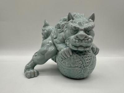 Celadon Foo Dog Figurine, Andrea by Sadek, Chinese Guardian Lion