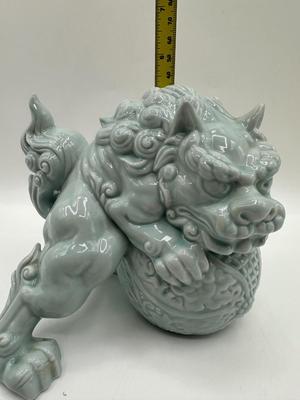 Celadon Foo Dog Figurine, Andrea by Sadek, Chinese Guardian Lion
