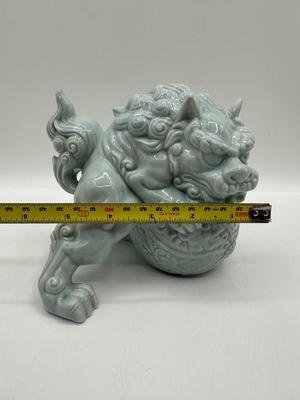 Celadon Foo Dog Figurine, Andrea by Sadek, Chinese Guardian Lion