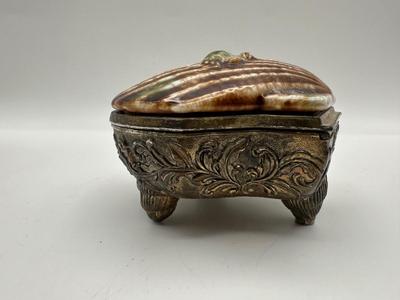 Vintage Japanese Brass/Metal Base Ceramic Clay Shell Trinket Box