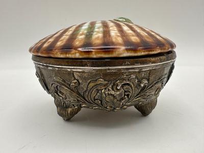 Vintage Japanese Brass/Metal Base Ceramic Clay Shell Trinket Box