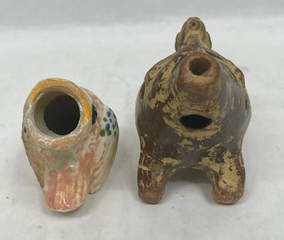 Lot of 2 Vintage Terracotta Pottery Animal Flutes or Whistles Musical Pre-columbian design