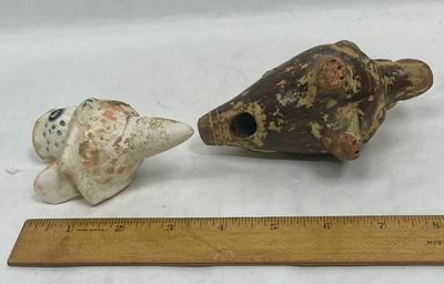 Lot of 2 Vintage Terracotta Pottery Animal Flutes or Whistles Musical Pre-columbian design