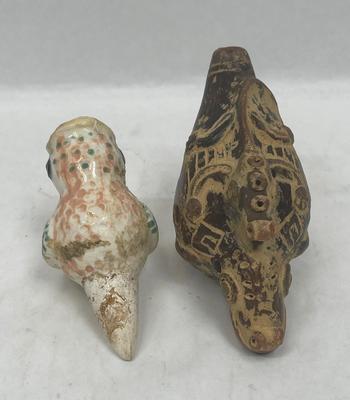 Lot of 2 Vintage Terracotta Pottery Animal Flutes or Whistles Musical Pre-columbian design