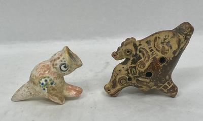 Lot of 2 Vintage Terracotta Pottery Animal Flutes or Whistles Musical Pre-columbian design