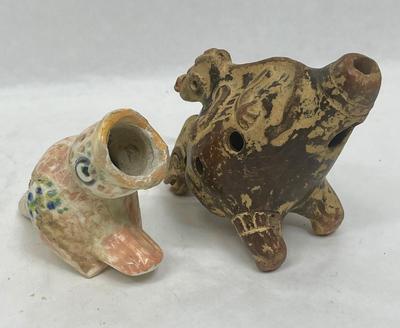 Lot of 2 Vintage Terracotta Pottery Animal Flutes or Whistles Musical Pre-columbian design