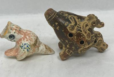 Lot of 2 Vintage Terracotta Pottery Animal Flutes or Whistles Musical Pre-columbian design