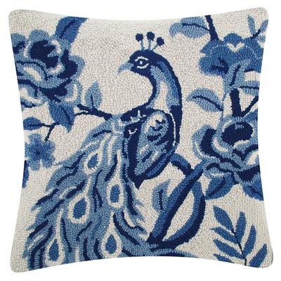 Blue and White Chinoiserie Embroidered Peacock Latch Hook Pillow