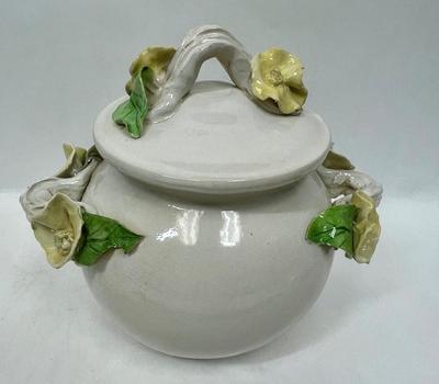 Lidded Ceramic Jar Capodemonte style yellow rose trim