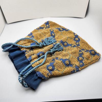 Double Drawstring Gold and Blue Bead Potli