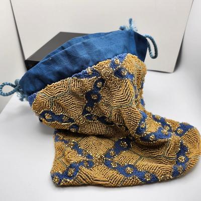 Double Drawstring Gold and Blue Bead Potli