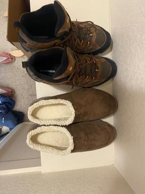 LIKE NEW MEN'S MERRELL HIKING BOOTS AND COMFY SLIP ONS