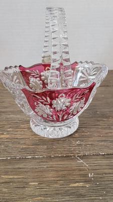 Anna Hütte Bleikristall German Lead Crystal Basket Candy Dish Cut Red Clear