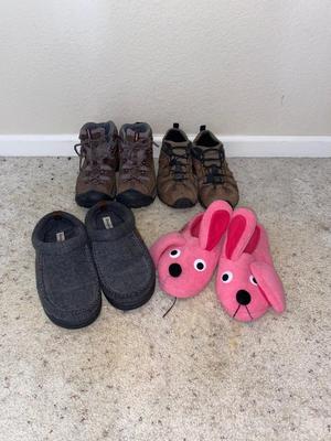 KEENS, MERREL’S, DEARFOAM SLIPPERS AND OH YES RALPHIES PINK BUNNY SLIPPERS