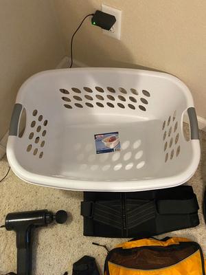 6 SPEED MUSCLE MASSAGE GUN AND OTHER LIFE ESSENTIAL’S LIKE LAUNDRY BASKETS, ETC