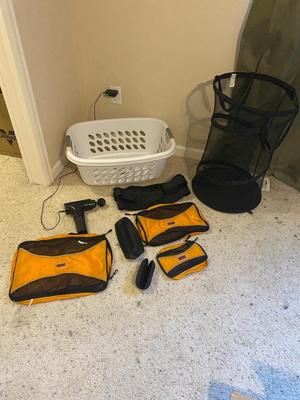 6 SPEED MUSCLE MASSAGE GUN AND OTHER LIFE ESSENTIAL’S LIKE LAUNDRY BASKETS, ETC
