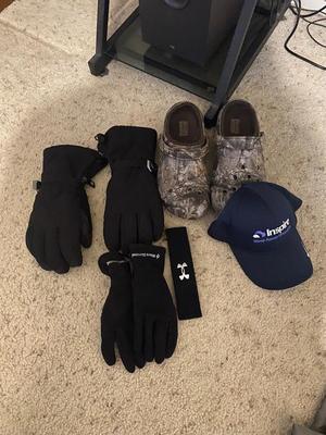 SUPER NICE WINTER GLOVES, CAMO CROCKS, UNDERARMOR SWEATBAND & BALL CAP