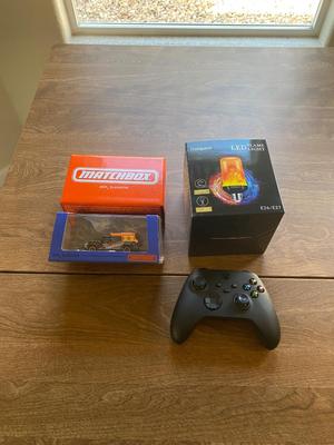 X-BOX GAMING CONTROLLER, COLLECTABLE MATCHBOX JEEP AND FIRE LIGHT BULB