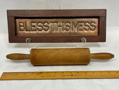 Wood Rolling Pin and Bless This Mess Copper Sign